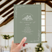 Line Art Rustic Barn Sage Green Wedding