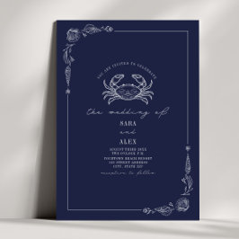 Line Art Rustic Navy Blue Crab Beach Hochzeit Einladung