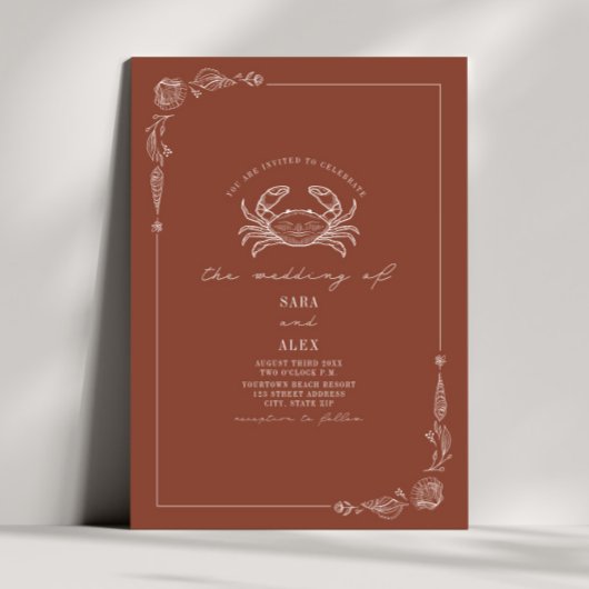 Line Art Rustic Terracotta Crab Beach Hochzeit Einladung