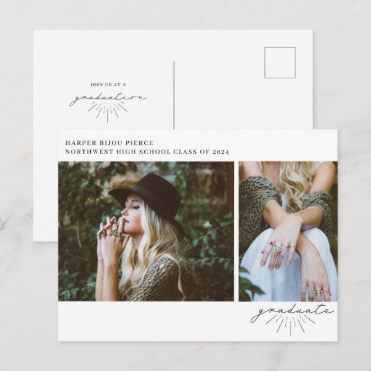 Line Art Script Graduation Party Foto Postkarte (Vorne/Hinten)