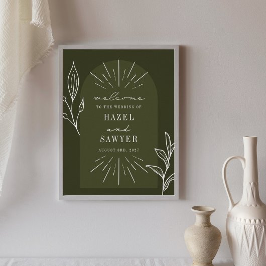 Line Art Script Green Wedding Willkommen Poster