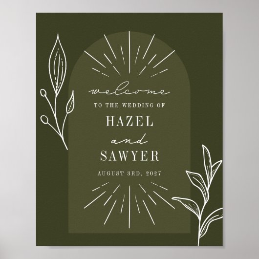 Line Art Script Green Wedding Willkommen Poster (Vorne)