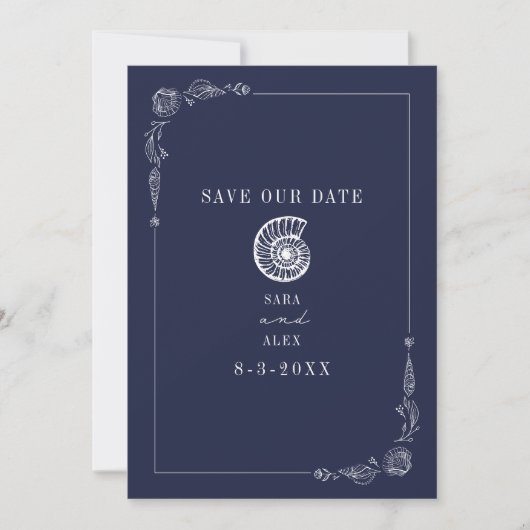 Line Art Seashell Dark Blue Rustic Beach Hochzeit Save The Date (Vorderseite)