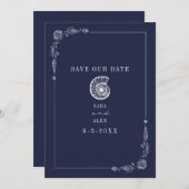 Line Art Seashell Dark Blue Rustic Beach Hochzeit Save The Date (Vorne/Hinten)