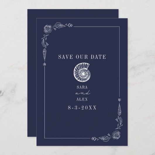 Line Art Seashell Dark Blue Rustic Beach Hochzeit Save The Date (Vorne/Hinten)