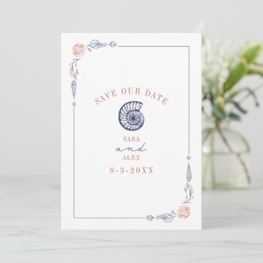 Line Art Seashell Red & Blue Rustic Beach Wedding Save The Date (Stehend Vorderseite)