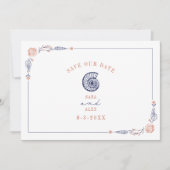 Line Art Seashell Red & Blue Rustic Beach Wedding Save The Date (Vorderseite)
