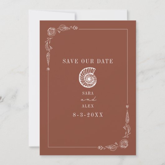 Line Art Seashell Terracotta Rustic Beach Wedding Save The Date (Vorderseite)