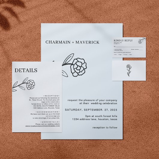 Line Art Wildblume Boho Black and White Wedding Einladung