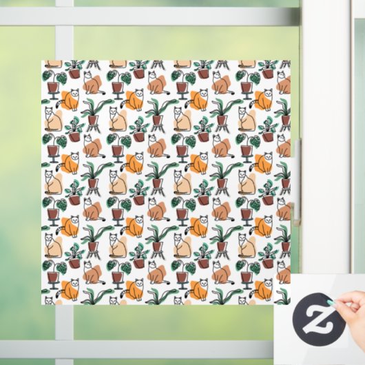 Line Art zeichnend Katzen und Blume Fensteraufkleber (Zuhause)