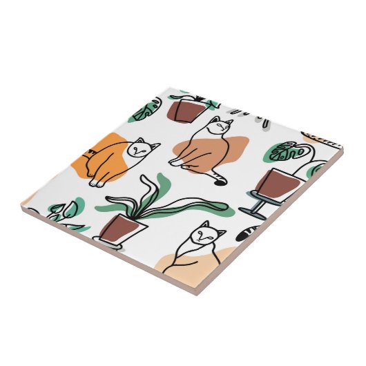 Line Art zeichnend Katzen und Blume Fliese (Seite)