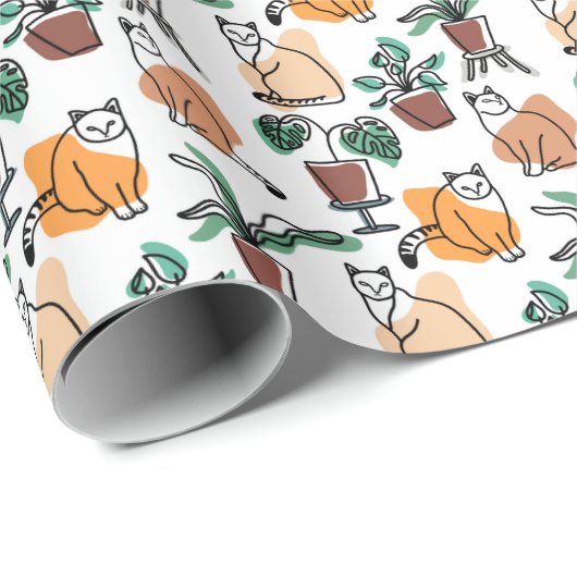 Line Art zeichnend Katzen und Blume Geschenkpapier (Rolleneckpunkt)