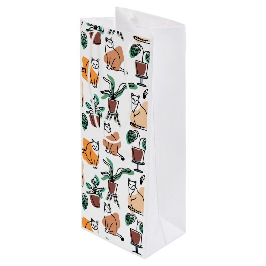 Line Art zeichnend Katzen und Blume Geschenktüte Für Weinflaschen (Rückseite Schrägansicht)