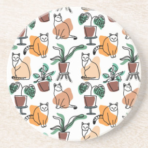 Line Art zeichnend Katzen und Blume Getränkeuntersetzer