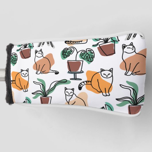 Line Art zeichnend Katzen und Blume Golf Headcover (Vorderseite)