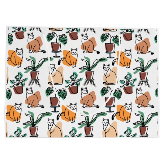 Line Art zeichnend Katzen und Blume Große Geschenktüte (Rückseite)