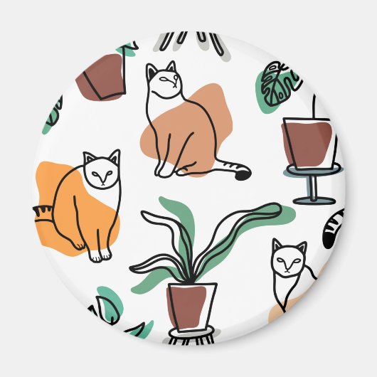 Line Art zeichnend Katzen und Blume Magnet (Vorne)