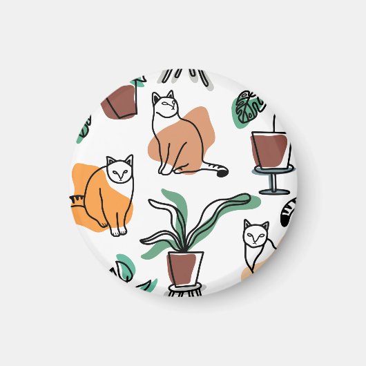 Line Art zeichnend Katzen und Blume Magnet (Vorne)