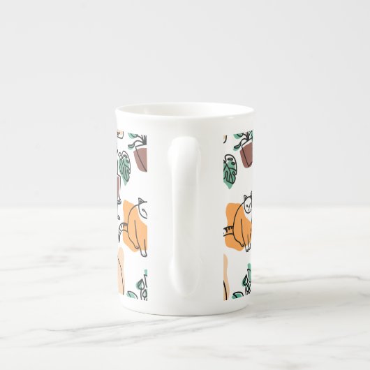 Line Art zeichnend Katzen und Blume Porzellantasse (Rückseite)