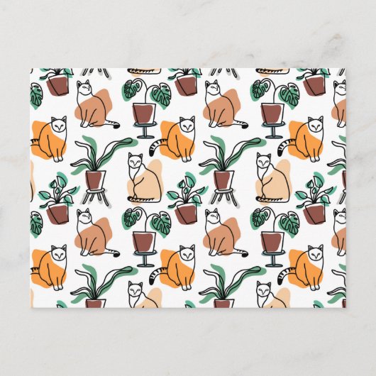 Line Art zeichnend Katzen und Blume Postkarte (Vorderseite)