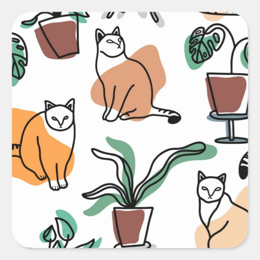 Line Art zeichnend Katzen und Blume Quadratischer Aufkleber (Vorderseite)