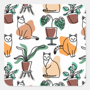 Line Art zeichnend Katzen und Blume Quadratischer Aufkleber