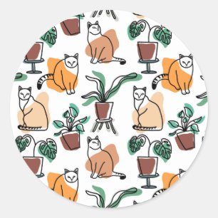 Line Art zeichnend Katzen und Blume Runder Aufkleber