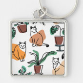 Line Art zeichnend Katzen und Blume Schlüsselanhänger (Vorne)