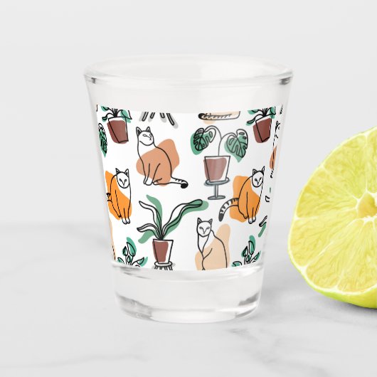 Line Art zeichnend Katzen und Blume Schnapsglas (Vorderseite)