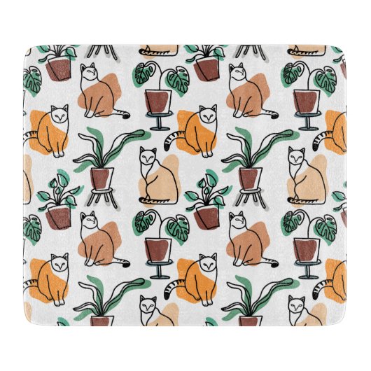Line Art zeichnend Katzen und Blume Schneidebrett (Vorderseite)