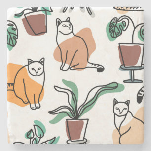Line Art zeichnend Katzen und Blume Steinuntersetzer