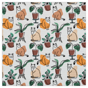 Line Art zeichnend Katzen und Blume Stoff