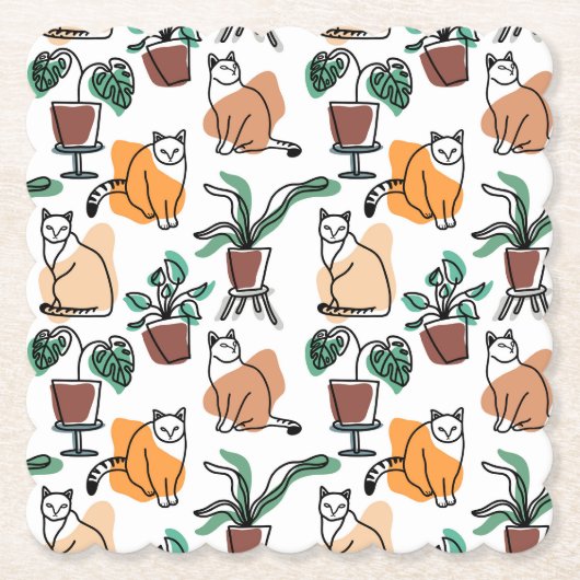 Line Art zeichnend Katzen und Blume Untersetzer (Vorderseite)