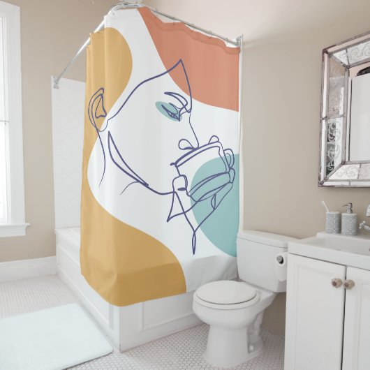 Line Art zeichnend Poster der Frau Kaffee trinken Duschvorhang (Beispiel)