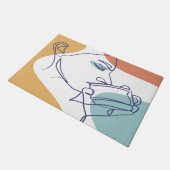 Line Art zeichnend Poster der Frau Kaffee trinken Fußmatte (Schrägansicht)