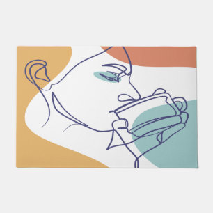 Line Art zeichnend Poster der Frau Kaffee trinken Fußmatte