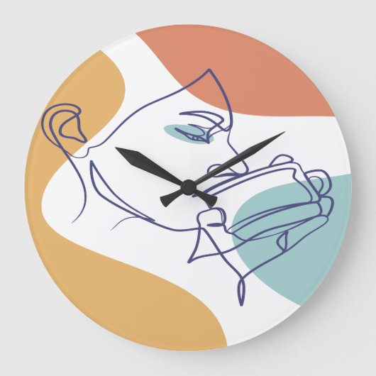 Line Art zeichnend Poster der Frau Kaffee trinken Große Wanduhr (Vorderseite)