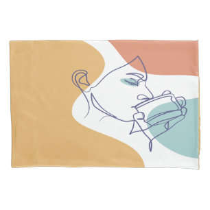 Line Art zeichnend Poster der Frau Kaffee trinken Kissenbezug