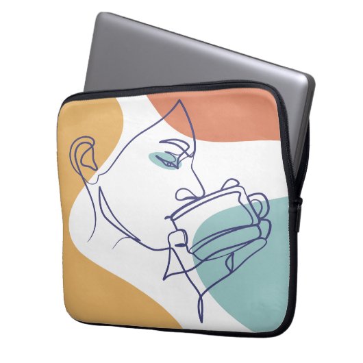 Line Art zeichnend Poster der Frau Kaffee trinken Laptopschutzhülle (Vorderseite Links)