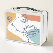 Line Art zeichnend Poster der Frau Kaffee trinken Metall Brotdose (Rückseite)