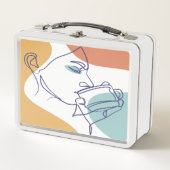 Line Art zeichnend Poster der Frau Kaffee trinken Metall Brotdose (Vorderseite)