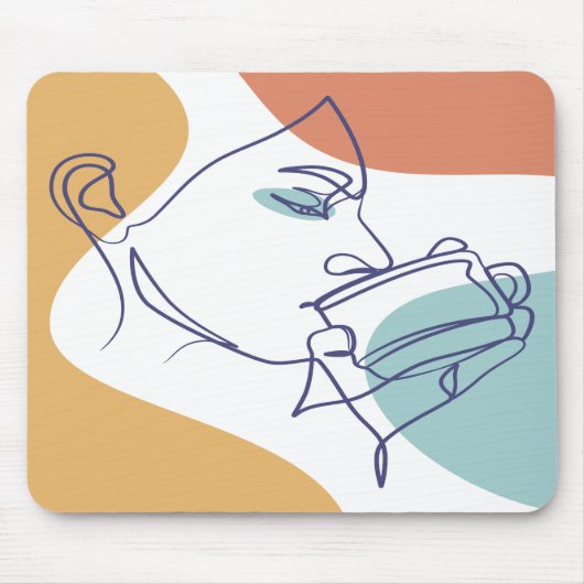 Line Art zeichnend Poster der Frau Kaffee trinken Mousepad (Vorne)
