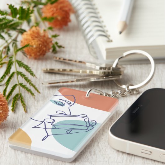 Line Art zeichnend Poster der Frau Kaffee trinken Schlüsselanhänger (Vorderseite rechts)