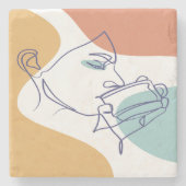 Line Art zeichnend Poster der Frau Kaffee trinken Steinuntersetzer (Vorderseite)