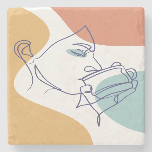 Line Art zeichnend Poster der Frau Kaffee trinken Steinuntersetzer (Vorderseite)
