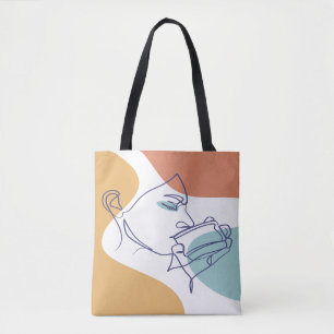 Line Art zeichnend Poster der Frau Kaffee trinken Tasche