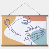 Line Art zeichnend Poster der Frau Kaffee trinken Wandteppich Mit Holzrahmen (Vorne)