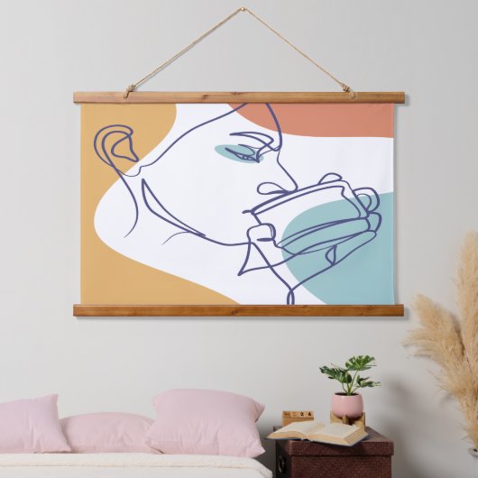 Line Art zeichnend Poster der Frau Kaffee trinken Wandteppich Mit Holzrahmen (Schlafzimmer)