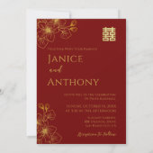 Line Blumenpaar Chinesische Hochzeit Foto rot Einladung (Rückseite)