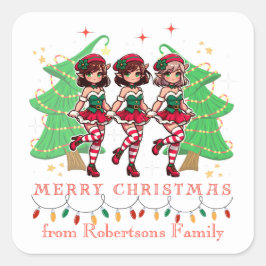 Line Dancing Sassy Elves um Weihnachtsbaum Quadratischer Aufkleber